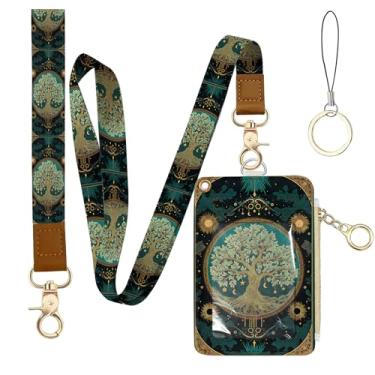 Imagem de Porta-crachá de couro Tree of Life com bolso com zíper, cordão retrátil verde para trabalho, 1 bolso com zíper e 4 compartimentos para cartão, cordões de laço rosa com fecho de metal para meninos