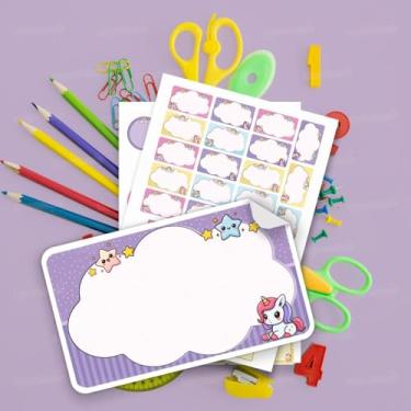 Imagem de Kit de Etiquetas Escolares Tema Unicórnio 01 para identificar cadernos, livros, estojos, mochilas e lancheira das crianças