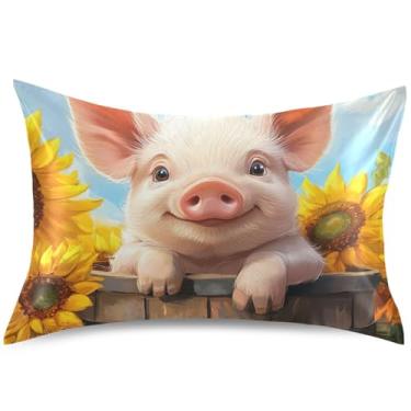 Imagem de Lindas capas de almofada de cetim com estampa de porco girassóis para resfriamento de cabelo, capa de travesseiro padrão King Queen, estampa artística para decoração de cama, tamanho padrão, 66 cm x