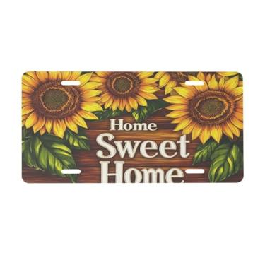 Imagem de Placa de licença de flor de madeira de girassol para placas dianteiras de carro alumínio metal adequado para caminhão placa de porta de carro bar café acessórios automotivos para homens mulheres 15 x