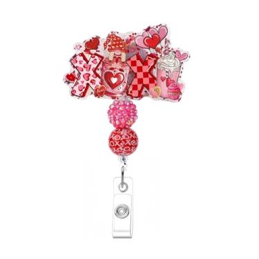 Imagem de Carretel de crachá XOXO rosa fofo Dia dos Namorados Sobremesa Amor coração frisado porta-crachá retrátil com clipe jacaré para enfermeira, médico, professor, acessórios de trabalho