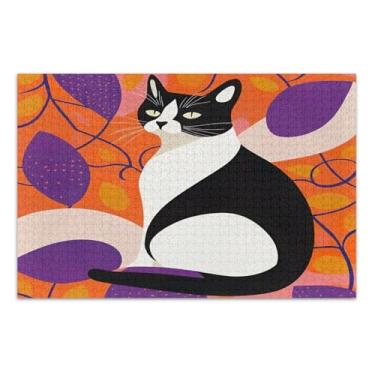 Imagem de Quebra-cabeça abstrato gato laranja roxo, quebra-cabeças adultos, com letras na parte de trás, quebra-cabeças para adultos 1000 peças