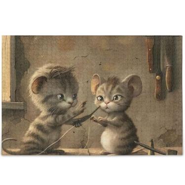 Imagem de Quebra-cabeça de 1000 peças de corte de cabelo com rato de gato personalizado para adultos cenário animal arte decoração de família Prime Puzzles amantes de elefantes brancos, presentes, 75 x 50 cm