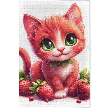 Imagem de Quebra-cabeça personalizado com estampa de gato morango e gatinho fofo 500 peças, presentes de elefantes brancos, quebra-cabeças legais para adultos, decoração de arte animal, 52 cm x 37,8 cm