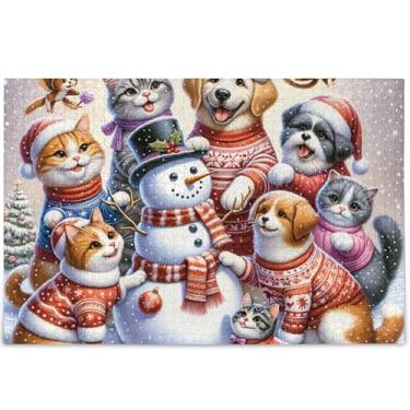 Imagem de Quebra-cabeças personalizados de gatos boneco de neve gatinho de Natal 500 peças para adultos arte animal quebra-cabeça natureza quebra-cabeças jogo técnico presentes, 52 cm x 37,8 cm