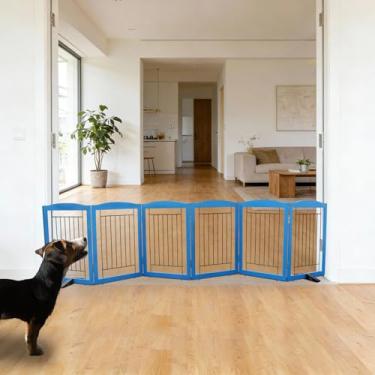 Imagem de ZJSF Cerca interna independente para cães, portão dobrável para portas, escadas ou corredores, portão extra largo de madeira resistente para animais de estimação com pés de suporte para casa, azul, 61