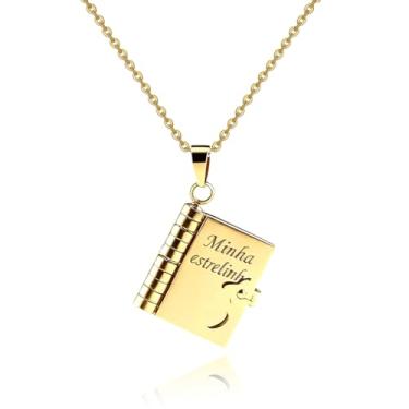 Imagem de LOMISS Colar com pingente de mini livro em formato de coração que se abre corrente para clavícula colar com pingente de livro gravado colar em aço titânio moderno e versátil (Minha estrelinha, Ouro)