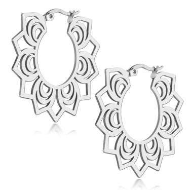 Imagem de Brincos de argola femininos boêmios mandala, de aço inoxidável 316L, vintage, boêmio, intrincado, floral, coração, ONESIZE, Aço inoxidável, Sem pedra preciosa