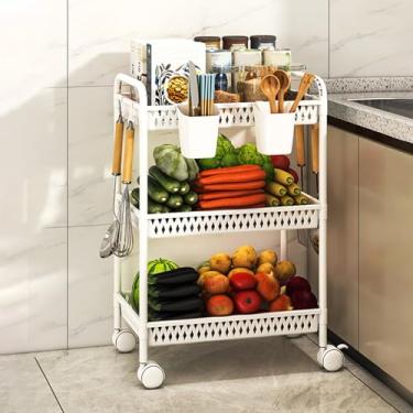 Imagem de Carrinho de armazenamento branco de 3 níveis - Carrinho utilitário móvel para cozinha, banheiro e lavanderia, sistema de prateleiras de plástico, soluções versáteis e econômicas