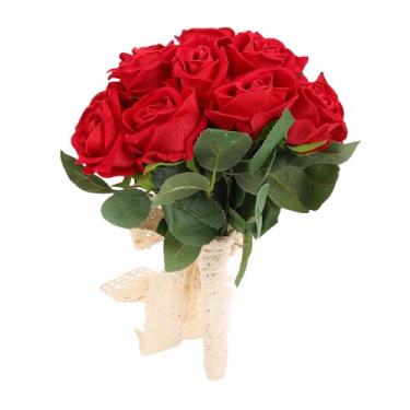 Imagem de YOUTHINK Buquê de Casamento Artificial, Rosas de Seda para Dama de Honra, Design Floral à Prova de Desbotamento para Cerimônia de Casamento e Decoração de Aniversário (Vermelho)