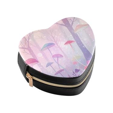 Imagem de Burbuja Caixa de joias em forma de coração com cogumelos da floresta mágica, mini estojo de viagem para mulheres e meninas, organizador portátil de armazenamento para brincos, anéis, colares e