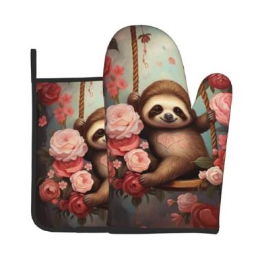Imagem de Conjunto de luvas de forno com estampa de preguiça sentada em um balanço por The Roses, conjunto de 2 peças, adequado para cozinhar, assar e grelhar ao ar livre