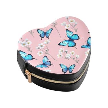 Imagem de Burbuja Caixa de joias com flores brancas borboletas azuis em forma de coração, mini estojo de viagem para mulheres e meninas, organizador portátil de armazenamento para brincos, anéis, colares e