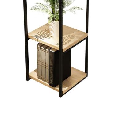 Imagem de Prateleiras flutuantes de 2 camadas - Rack de armazenamento de madeira montado na parede com moldura de metal preto para casa, escritório e cozinha - Organizador elegante (30 x 30 x 70 cm)