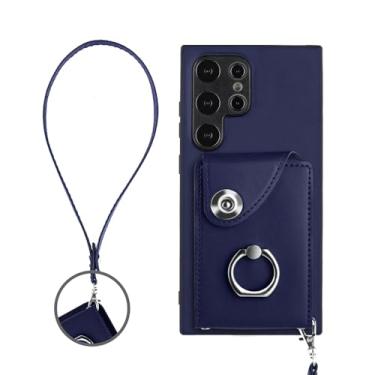 Imagem de Capa carteira para Samsung Galaxy S25 Plus, 8 compartimentos para cartão com fecho magnético, alça de pulso e alça de dedo giratória de 360° - azul marinho