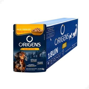 Imagem de Kit 18 Ração Úmida Sachê Origens Cães Adulto Filhotes 85g, Frango/Adul
