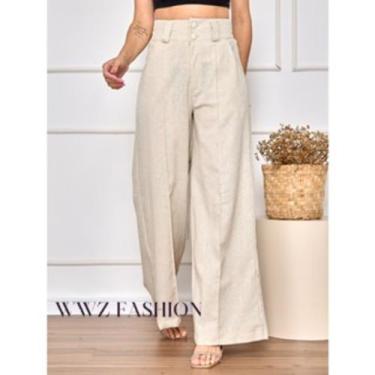 Imagem de Calça Pantalona de Linho L8406 - Domi Modas, Bege, M