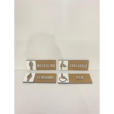 Imagem de Kit 4 Placas Sinalização Banheiro Masculino/Feminino/PCD/Fraldário em 