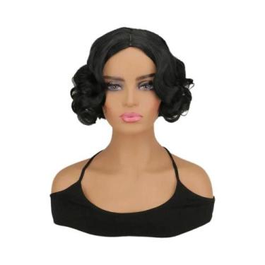 Imagem de Peruca Curta Cacheada Preta Com Divisão Central Sintética Branca Neve 