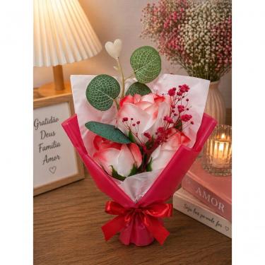 Imagem de Buquê Decorativo Rosa Artificial 24cm com Cartão Decorativo Vermelha Ideal