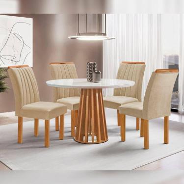 Imagem de Conjunto Mesa Tampo Redondo Plus Vidro Kansas 100cm 4 Cadeiras Arizona Cinamomo/Off White/Suede Cru