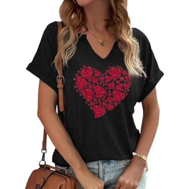 Imagem de Earlymemb Camiseta feminina com estampa de coração e decote em V para o dia dos namorados para casal, casual, de manga curta, para presente, B - preto - 2, GG