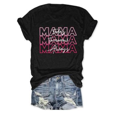 Imagem de Camiseta feminina com estampa casual para meninos e mamães, manga curta, dia das mães, Preto - 1, G