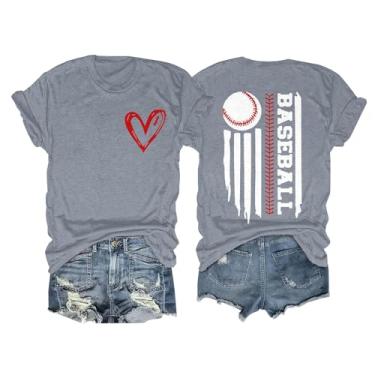 Imagem de Camisetas femininas 2024 Baseball Mom Love American Flag Graphic Tops verão casual manga curta blusas soltas, Z01 Cinza, XXG
