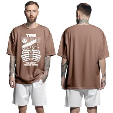 Imagem de Camisa Camiseta Oversized Streetwear Genuine Grit Masculina Larga 100% Algodão 30.1 Time The Most Pricey Thing - Marrom - G