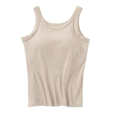 Imagem de Camiseta feminina de algodão com sutiã embutido, cor lisa, ajustável, alças finas, camisetas básicas elásticas, Bege, M