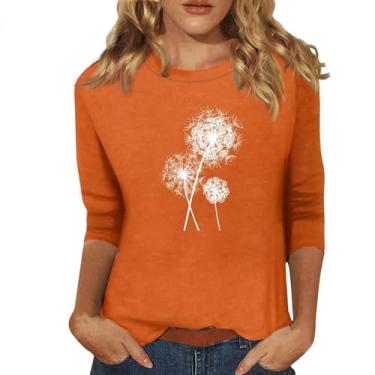 Imagem de Camiseta feminina de verão com estampa de dente-de-leão, gola redonda, caimento solto, manga curta, camiseta casual para treino, Laranja, P