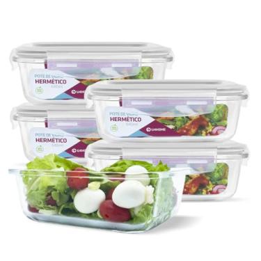 Imagem de KIT 5 Potes de Vidro Retangular com Tampa Hermética 640ml Cor:Branco (QH)