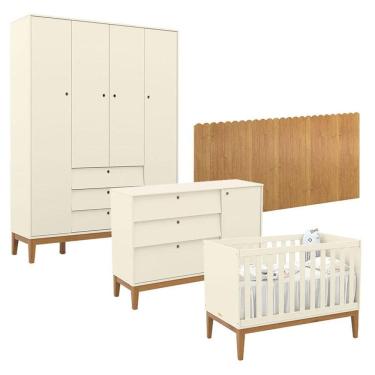 Imagem de Quarto de Bebê Unique 4 Portas com Cômoda Sapateira e Painel Farm Off White Eco Wood - Matic