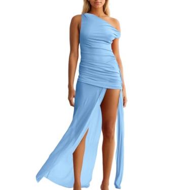 Imagem de Vestido maxi feminino assimétrico ombro de fora malha corte lateral fenda alta ajuste liso festa praia vestido maxi, Azul-celeste, PP