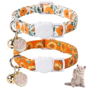 Imagem de Unique Style Paws Colar de gatinho de outono, pacote com 2 coleiras laranja para gatos com estampa de girassol, coleira separatista com sino, pingente de pata fofa, presente ideal para meninos e