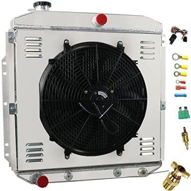 Imagem de RadRace Radiador de alumínio para caminhonete Ford 1953 1954 1955 1956 F100 F250 F350 L6 V8 53 54 55 56 radiadores 3 fileiras de fluxo descendente de 40,6 cm Kit de relé de cobertura para ventiladores