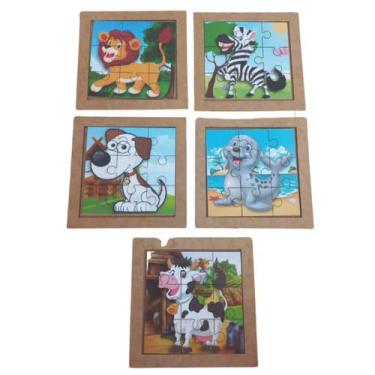 Imagem de Kit 5 Jogos de Quebra Cabeça Animais MDF 9 Peças cada - Zaramela