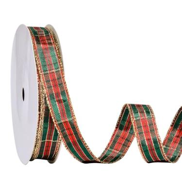 Imagem de YAMA Fita xadrez de Natal com borda tradicional tartã de 1,5 cm para embrulhar presentes, artesanato de Natal, decoração de casa, vermelho e verde, ouro 20 metros