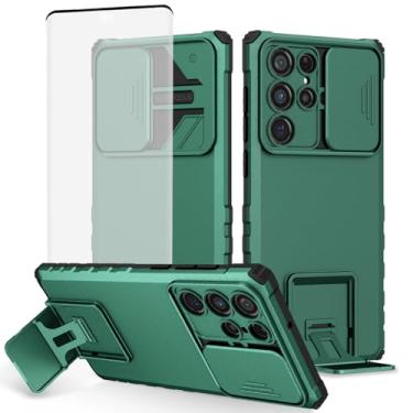 Imagem de Tothedu Capa para Samsung Galaxy S22 Ultra SM-S908U com protetor de tela de vidro temperado e capa de câmera deslizante, capa protetora fina com suporte para Samsung Galaxy S22 Ultra verde escuro