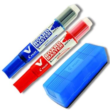 Imagem de Kit 2 Marcadores Quadro Branco Recarregável + Apagador De Quadro Branco Pilot Azul E Vermelho