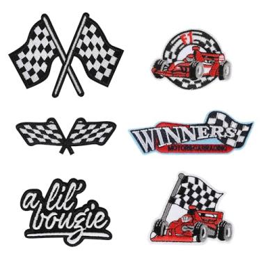 Imagem de 6 peças de adesivos de bandeira de corrida quadriculados A Lil' Bougie Patche boné de caminhoneiro letras motocicletas vencedor carro de corrida bordado ferro letras engraçadas adesivos para mochilas,