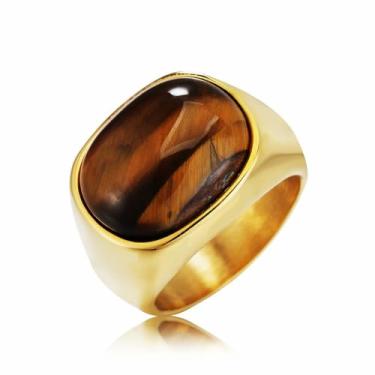 Imagem de HETIMXIA Anel masculino de pedra turquesa marrom dourado 316 de aço inoxidável 316 anéis de padrão oval, joias para homens, anéis de metal pesado, presentes de dia dos pais, joias, 10, Metal, Sem