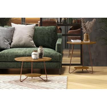 Imagem de Conjunto Mesa Centro e Apoio Redonda Sala Decoração Escritório Compacta Retrô Pés Ferro Liz - Freijó