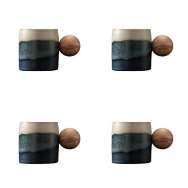 Imagem de Dicmracy Conjunto de 2 ou 4 xícaras de café expresso de cerâmica de 70,9 g, xícaras de café expresso com cabo de madeira, xícaras Demitasse para café ou chá (forno azul 4, redondo)