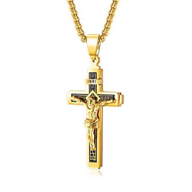Imagem de Rockyu Colar masculino com cruz de aço inoxidável, prata, pingente de cruz de Jesus Cristo católico no crucifixo INRI, corrente de joias cristãs, 55 cm, Aço inoxidável, Sem Pedra Preciosa
