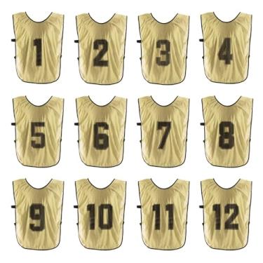 Imagem de PATIKIL Colete de treinamento de futebol, pacote com 12 pinnies esportivos de equipe, reversível, numerado, pennies de treino de futebol, babadores com cinto para adultos, 63 cm dourado, Dourado, 25"