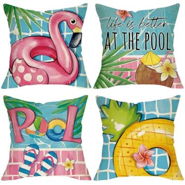 Imagem de Fjfz Summer Life is Better at The Pool Capas de almofada decorativas 45,7 x 45,7 cm Conjunto de 4, anel de natação de abacaxi flamingo decoração de casa ao ar livre, chinelos bola de coco folhas de