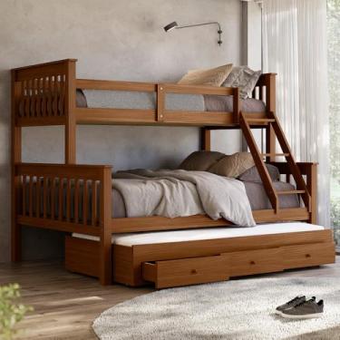 Imagem de Beliche Casal Solteiro De Madeira + Aux Solteiro Com Gavetas Woodstore (Castanho)