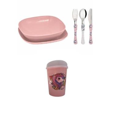 Imagem de Conjunto pratos talheres infantil copo com bico - Unicornio - Simonagg