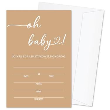 Imagem de mermermu Oh Baby! Convites de chá de bebê para meninos meninas, cartões de convite de minimalismo para anúncio de bebê, 25 conjuntos de convites de chá de bebê com envelopes, suprimentos de festa de